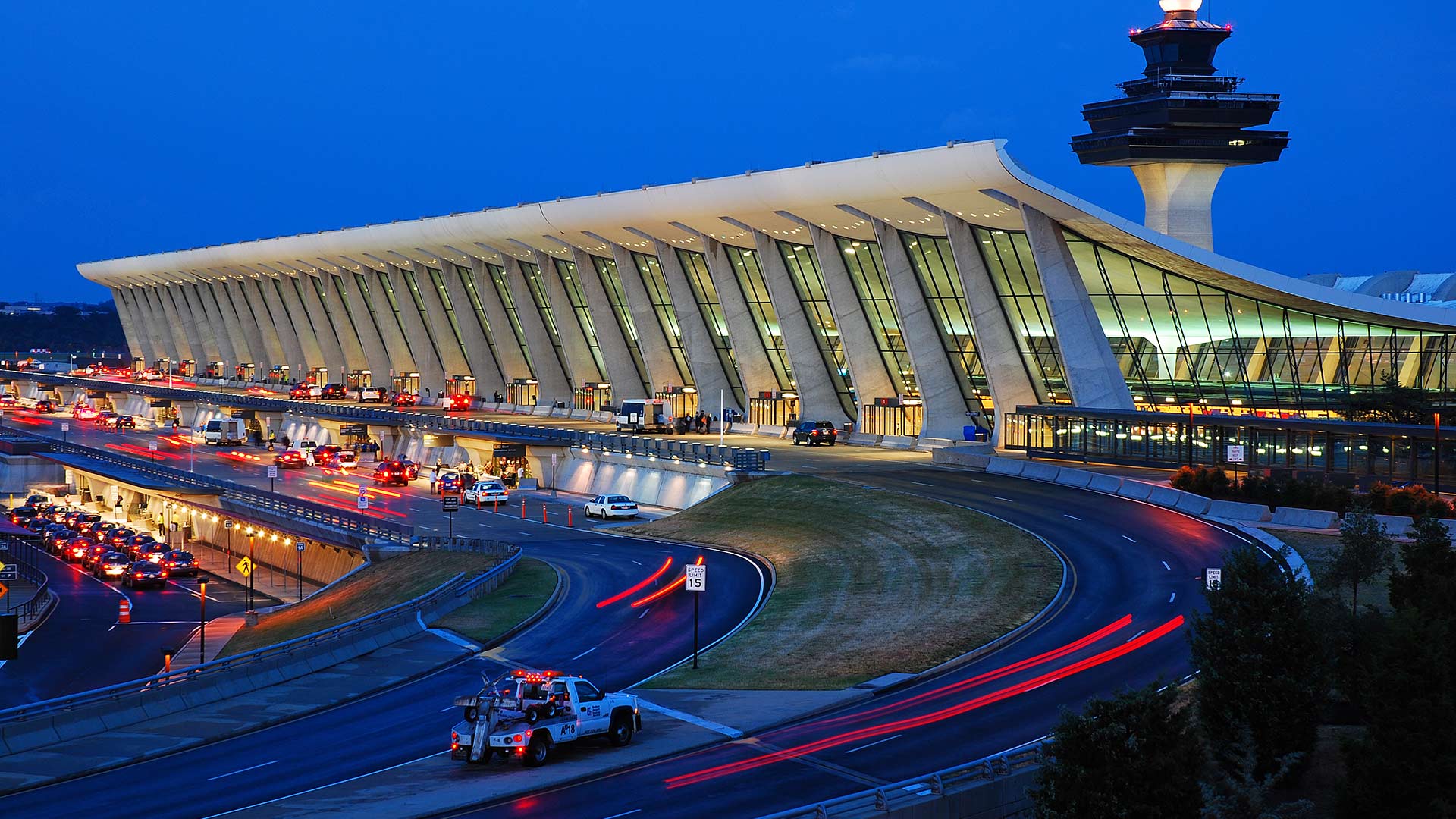 The Chantilly, VA airport at night from afar.