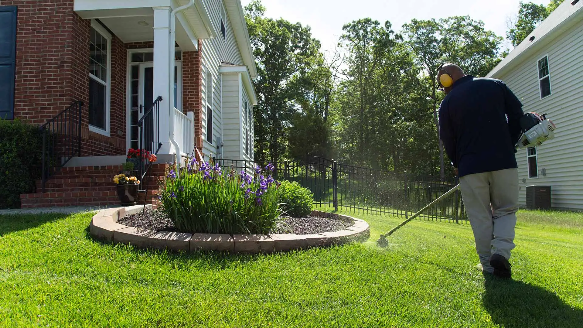 A man is weedwhacking a lawn around a paver landscape bed.