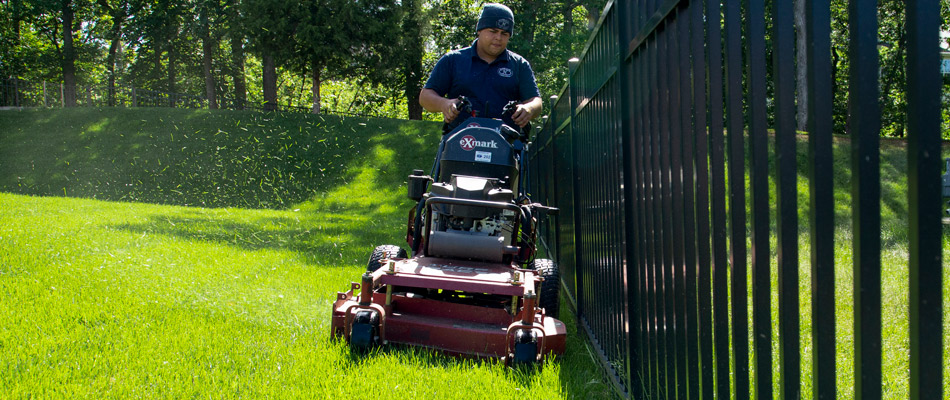Lawn care professional mowing a lawn in Sterling, VA.