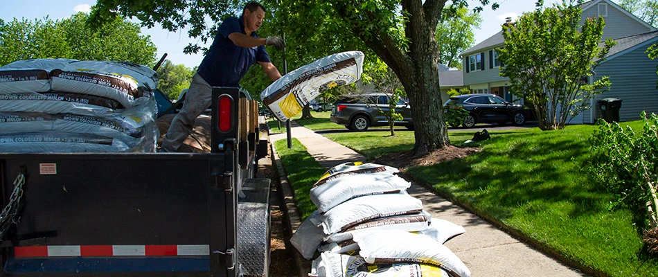 A Hambleton Lawn & Landscape worker unloading mulch bags from a trailer to use for a customer's property in Falls Church, VA.