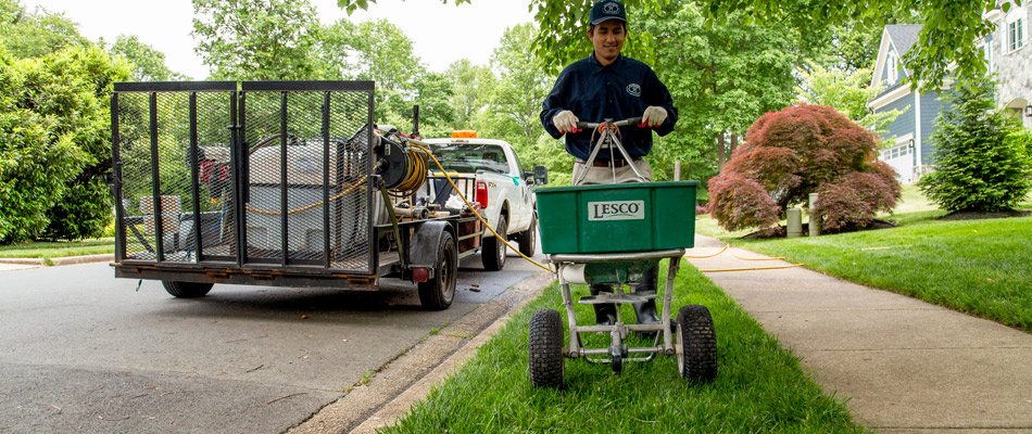 Lawn care professional fertilizing lawn in Arlington, VA.