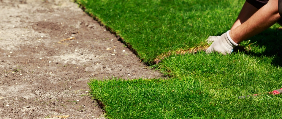 Our landscaping professional installing sod on a property in Stephens City, VA.